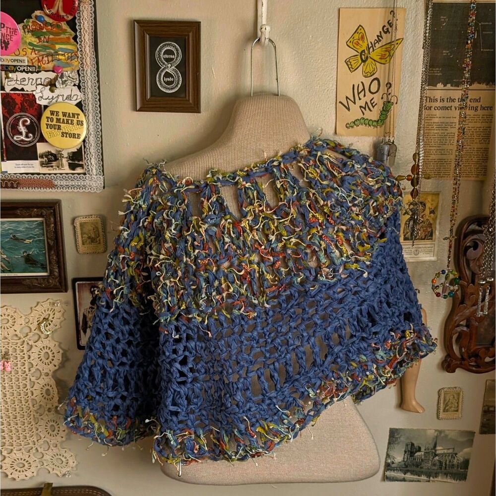 Crochet Fringe Poncho Shawl Unisex One Size Blue